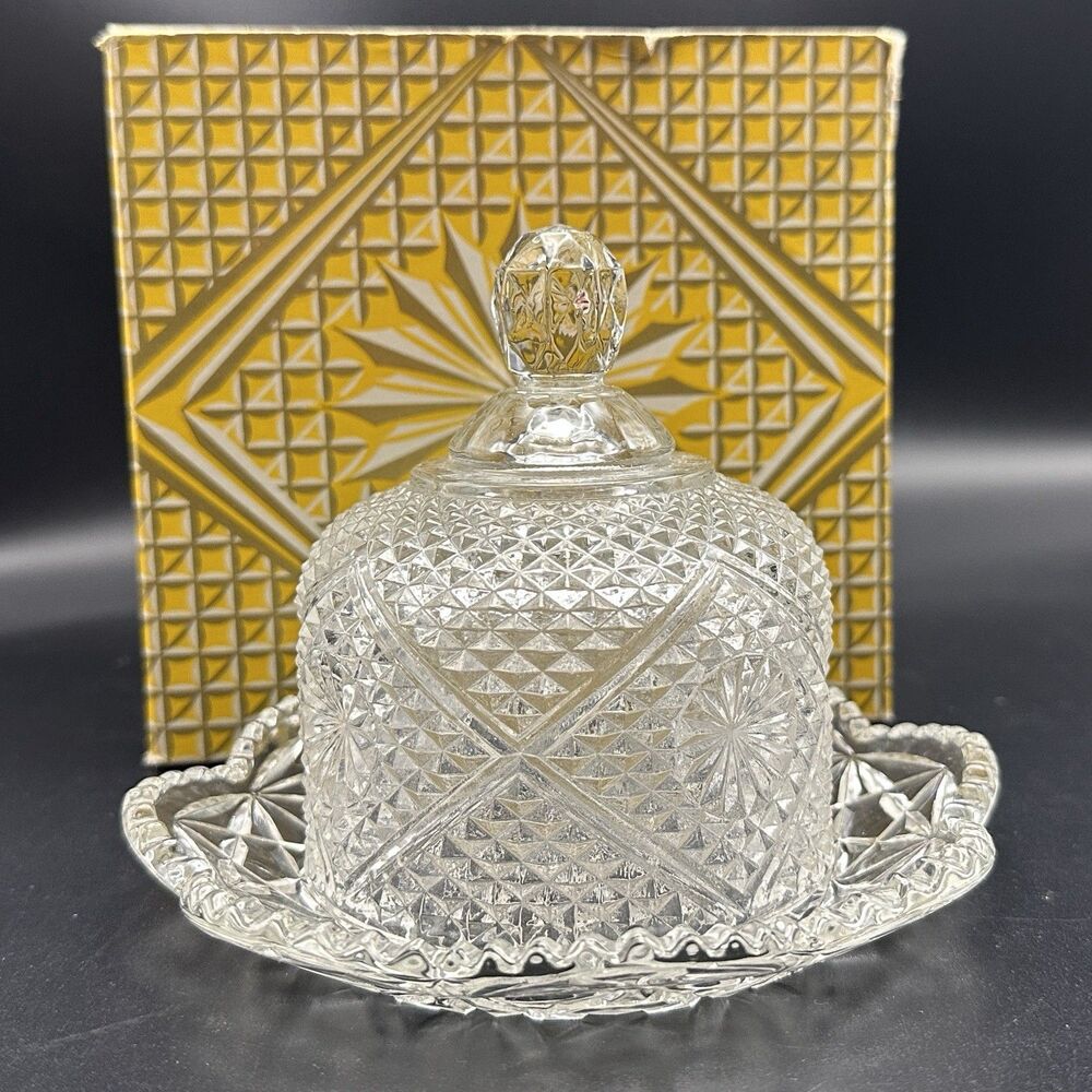 Vintage Fostoria Avon Pressed Glass Butter Dish Starburst Original Box & Soup